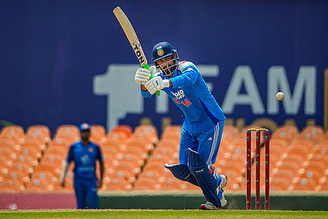 In this image received on June 17, 2026, India's Vipraj Nigam plays a shot during the fifth match between India A and Afghanistan A in the Tri-Nation A Series, in Dambulla, Sri Lanka.