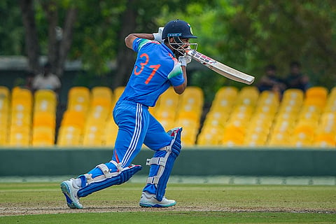 In this image received on June 17, 2026, India's Ruturaj Gaikwad plays a shot during the fifth match between India A and Afghanistan A in the Tri-Nation A Series, in Dambulla, Sri Lanka.