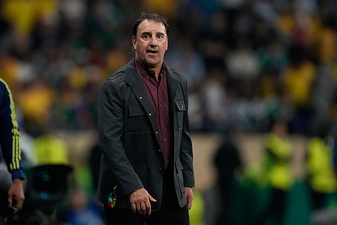 Colombia head coach Nestor Lorenzo reacts during the World Cup Group K soccer match between Uzbekistan and Colombia in Mexico City, Wednesday, June 17, 2026