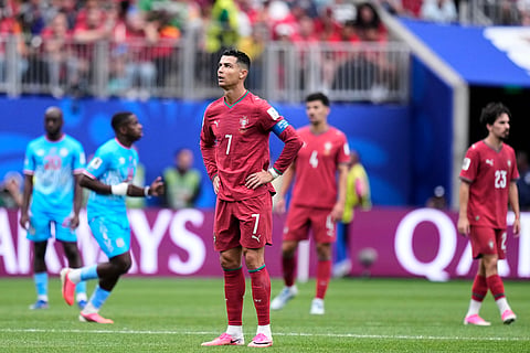 Portugal's Cristiano Ronaldo reacts during the World Cup Group K soccer match between Portugal and Congo in Houston, Wednesday, June 17, 2026