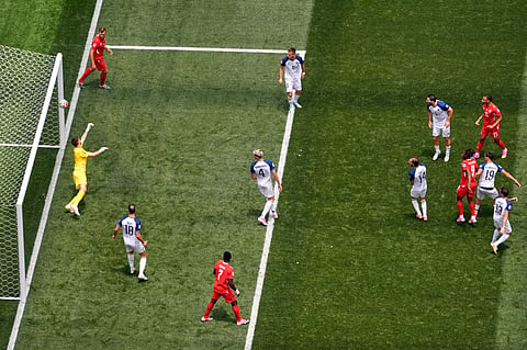 Switzerland's Johan Manzambi (9) beats Bosnia goalkeeper Nikola Vasilj (1) with a shot to score the opening goal during the World Cup Group B soccer match between Switzerland and Bosnia in Inglewood, Calif., near Los Angeles, Thursday, June 18, 2026.