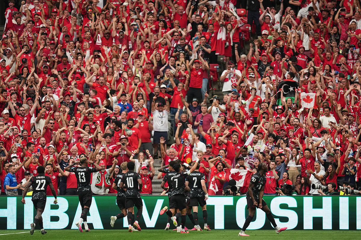 Canada vs Qatar FIFA World Cup 2026 Group B Cyle Larin Celeb With Team Fans AP Photo