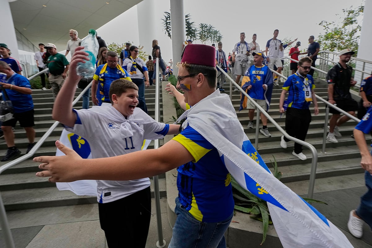 Bosnia's fans gather outside the stadium ahead of the World Cup Group B soccer match between Switzerland and Bosnia in Inglewood, Calif, near Los Angeles, Thursday, June 18, 2026. - AP Photo/Gregory Bull