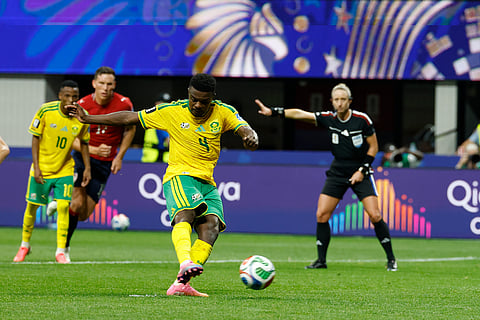 South Africa's Teboho Mokoena scores a penalty, his side's first goal during the World Cup Group A soccer match between Czechia and South Africa in Atlanta, Thursday, June 18, 2026.