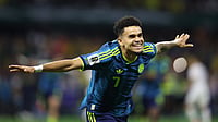 (AP Photo/Ashtin Barker) : Colombia's Luis Diaz (7) celebrates after scoring his team's second goal during the World Cup Group K soccer match between Uzbekistan and Colombia in Mexico City, Wednesday, June 17, 2026