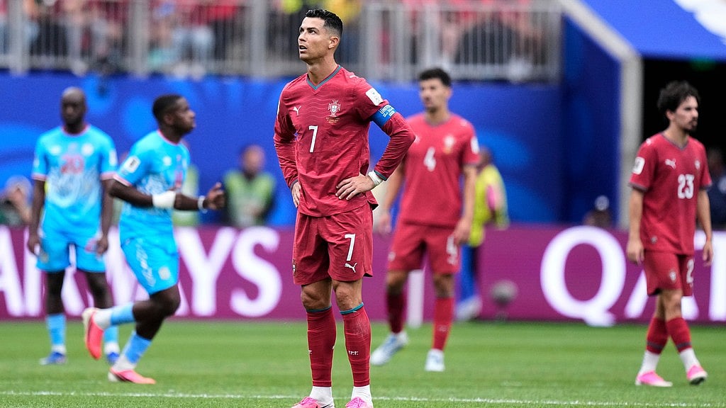 Portugal's Cristiano Ronaldo reacts during the World Cup Group K soccer match between Portugal and Congo in Houston, Wednesday, June 17, 2026. - AP Photo/Ashley Landis