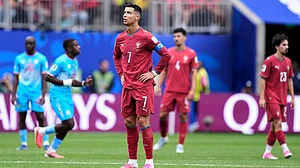 AP Photo/Ashley Landis : Portugals Cristiano Ronaldo reacts during the World Cup Group K soccer match between Portugal and Congo in Houston, Wednesday, June 17, 2026.