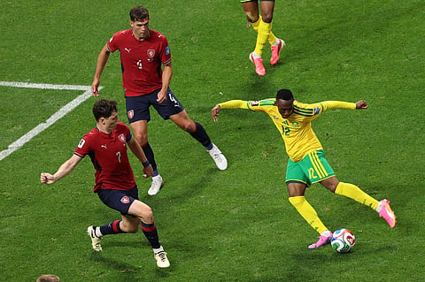 South Africa's Thapelo Maseko (12) shoots during the World Cup Group A soccer match between Czechia and South Africa in Atlanta, Thursday, June 18, 2026.