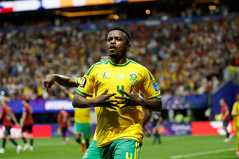 South Africa's Teboho Mokoena celebrates after scoring a penalty, his side's first goal during the World Cup Group A soccer match between Czechia and South Africa in Atlanta, Thursday, June 18, 2026.