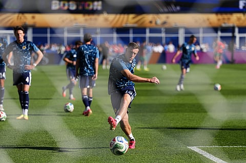 Scotland's Lewis Ferguson (19) warms up prior to the World Cup Group C soccer match between Scotland and Morocco in Foxborough, Mass., near Boston, Friday, June 19, 2026.