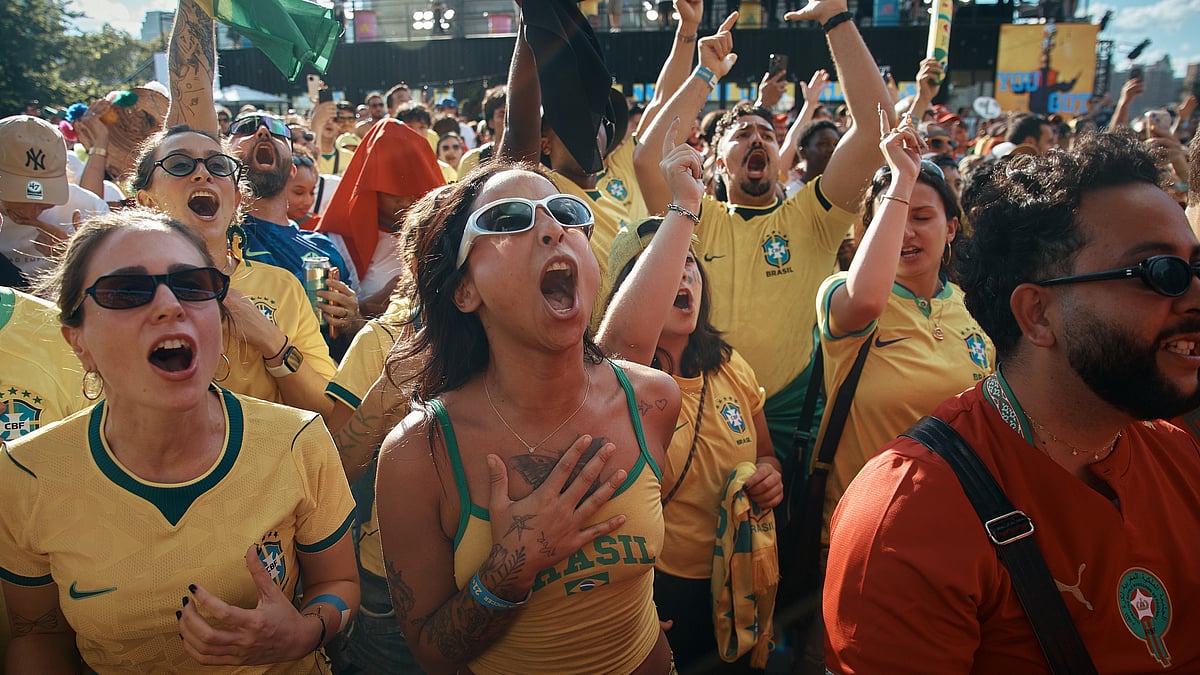Brazil's fans sing while watching the FIFA World Cup Group C match between Brazil and Morocco during a public watch party in Central Park, Saturday, June 13, 2026, in New York. - AP Photo/Andres Kudacki