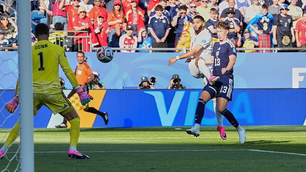 Morocco's Ismael Saibari, second from right, scores his side's opening goal during the World Cup Group C soccer match between Scotland and Morocco in Foxborough. - AP Photo