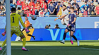 AP Photo : Morocco's Ismael Saibari, second from right, scores his side's opening goal during the World Cup Group C soccer match between Scotland and Morocco in Foxborough.