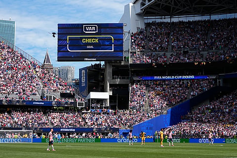The video screen announces a goal VAR check during the World Cup Group D soccer match between the United States and Australia in Seattle, Friday, June 19, 2026.