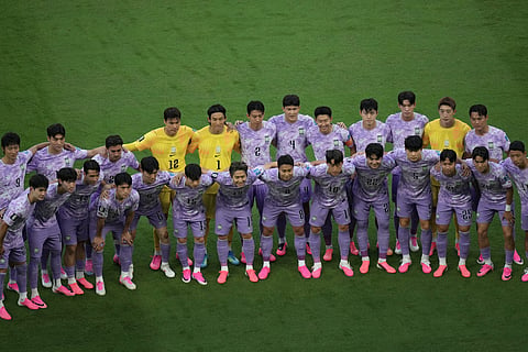 Players from South Korea pose for photos before the World Cup Group A soccer match between Mexico and South Korea in Zapopan, near Guadalajara, Mexico, Thursday, June 18, 2026.