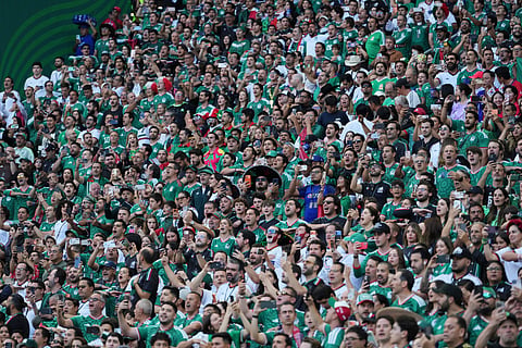 Fans of Mexico cheer during the World Cup Group A soccer match between Mexico and South Korea in Zapopan, near Guadalajara, Mexico, Thursday, June 18, 2026.