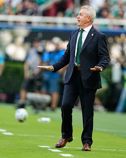 Mexico head coach Javier Aguirre reacts during the World Cup Group A soccer match between Mexico and South Korea in Zapopan, near Guadalajara, Mexico, Thursday, June 18, 2026.