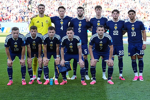 Scotland team pose for a group photo prior to the World Cup Group C soccer match between Scotland and Morocco in Foxborough, Mass., near Boston, Friday, June 19, 2026.