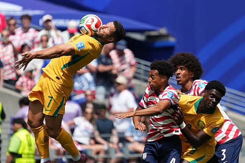 Australia's Mathew Leckie (7) receives the ball during the World Cup Group D soccer match between the United States and Australia in Seattle, Friday, June 19, 2026.