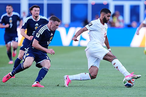Morocco's Ismael Saibari, right, controls the ball followed by Scotland's Lewis Ferguson during the World Cup Group C soccer match between Scotland and Morocco in Foxborough, Mass., near Boston, Friday, June 19, 2026.