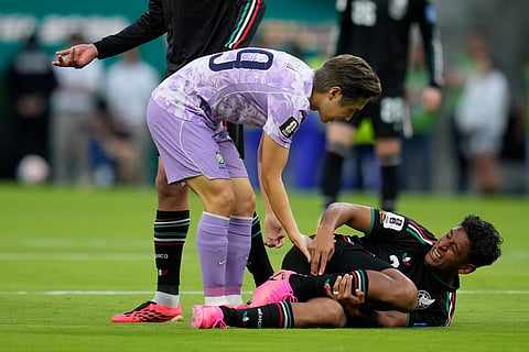 Mexico's Luis Romo (7) reacts in pain during the World Cup Group A soccer match between Mexico and South Korea in Zapopan, near Guadalajara, Mexico, Thursday, June 18, 2026.