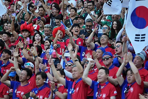 Fans of South Korea cheer during the World Cup Group A soccer match between Mexico and South Korea in Zapopan, near Guadalajara, Mexico, Thursday, June 18, 2026.