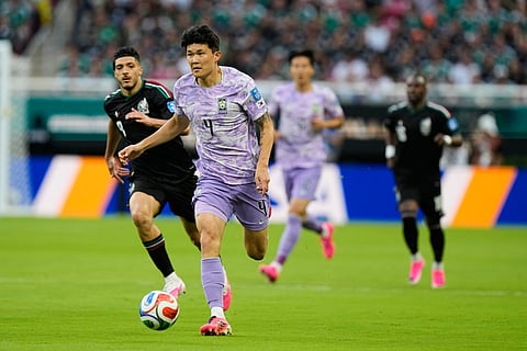 South Korea's Kim Min-jae (4) dribbles during the World Cup Group A soccer match between Czechia and South Africa in Atlanta, Thursday, June 18, 2026.