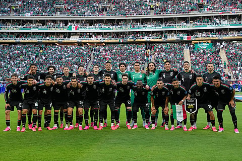 Mexico players pose for a team photo ahead of the World Cup Group A soccer match between Mexico and South Korea in Zapopan, near Guadalajara, Mexico, Thursday, June 18, 2026.