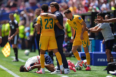 United States head coach Mauricio Pochettino next to Australia's Nishan Velupillay (23) during the World Cup Group D soccer match between the United States and Australia in Seattle, Friday, June 19, 2026.