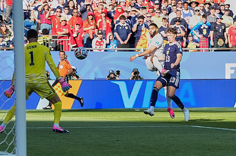 Morocco's Ismael Saibari, second from right, scores his side's opening goal during the World Cup Group C soccer match between Scotland and Morocco in Foxborough, Mass., near Boston, Friday, June 19, 2026.