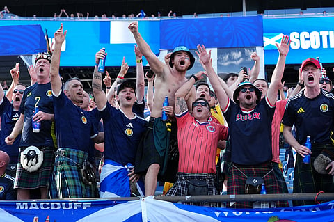 Fans of Scotland cheer prior to the World Cup Group C soccer match between Scotland and Morocco in Foxborough, Mass., near Boston, Friday, June 19, 2026.