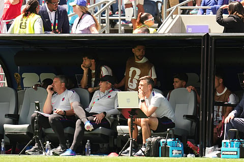United States' Christian Pulisic (10), back left, watches the World Cup Group D soccer match between the United States and Australia in Seattle, Friday, June 19, 2026.