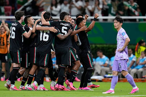 Mexico players celebrate after Mexico's Luis Romo (7) scored the opening goal during the World Cup Group A soccer match between Mexico and South Korea in Zapopan, near Guadalajara, Mexico, Thursday, June 18, 2026.