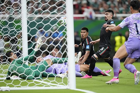 Mexico goalkeeper Raul Rangel (1) makes a save on the goal line during the World Cup Group A soccer match between Mexico and South Korea in Zapopan, near Guadalajara, Mexico, Thursday, June 18, 2026.