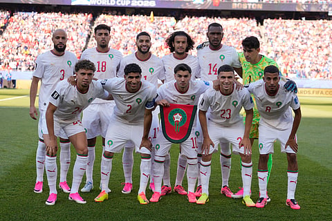 The Moroccan team lines up for a photograph ahead of the World Cup Group C soccer match between Scotland and Morocco in Foxborough, Mass., near Boston, Friday, June 19, 2026.