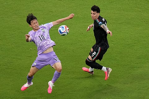 South Korea's Lee Jae-sung (10) challenges for the ball against Mexico's Jorge Sanchez (2) during the World Cup Group A soccer match between Mexico and South Korea in Zapopan, near Guadalajara, Mexico, Thursday, June 18, 2026.