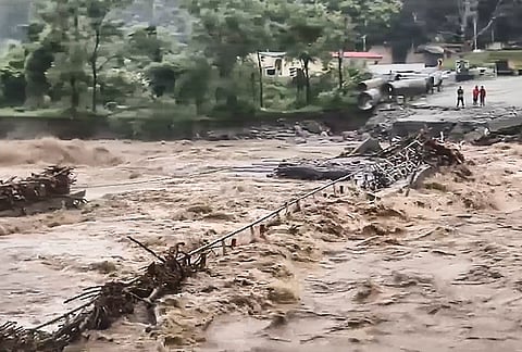 A view of a temporary bridge over the Balason river that collapsed following heavy rainfall, in Dudhia, Darjeeling district, West Bengal. The hume pipe structure was constructed as an alternative arrangement following the collapse of the Dudhia iron bridge in October 2025. 