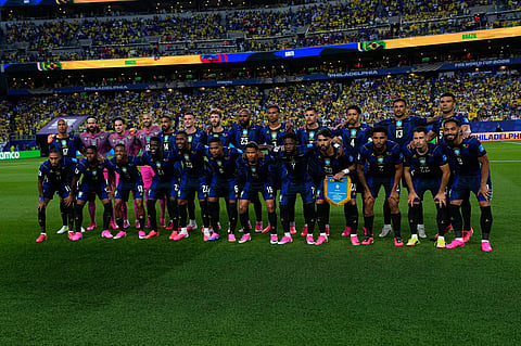 Brazil players pose for a team photo ahead of the World Cup Group C soccer match between Brazil and Haiti in Philadelphia, Friday, June 19, 2026.