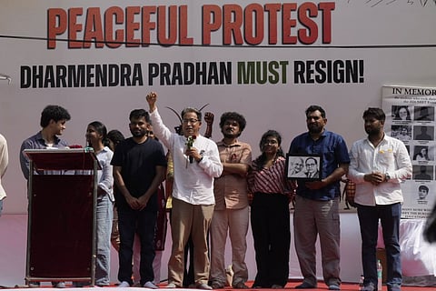 Cockroach Janta Party (CJP) founder Abhijeet Dipke, left, and activist Sonam Wangchuk during a protest over alleged examination irregularities, repeated paper leaks and demands for accountability from the government, in New Delhi.