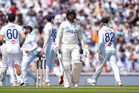 New Zealand's Devon Conway leaves the field after being dismissed on day three of the second cricket test between England and New Zealand, in London.