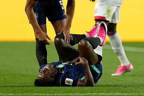 Brazil's Vinicius Junior lays on the ground during the World Cup Group C soccer match between Brazil and Haiti in Philadelphia, Friday, June 19, 2026.
