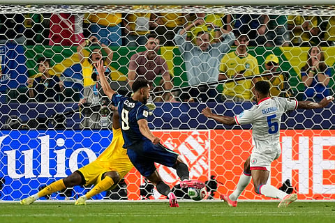 Brazil's Matheus Cunha, center, scores their opening goal against Haiti during the World Cup Group C soccer match in Philadelphia, Friday, June 19, 2026.
