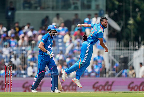 India's Prasidh Krishna bowls a delivery during the third ODI cricket match between Afghanistan and India in Chennai.