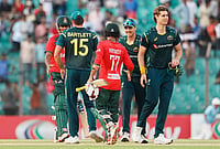 Bangladesh Vs Australia, 2nd T20I: Matt Renshaw Stars As AUS Beat BAN To Clinch Series | Photo: AP/Mosaraf Hossain : Bangladesh's captain Towhid Hridoy, center, shakes hands with Australian players after Australia won the second T20 international cricket match against Bangladesh, in Chattogram, Bangladesh.