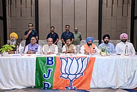BJP Eyes Punjab 2027 As AAP Loses Ground | Photo: @BJP4India/X via PTI : BJP National President Nitin Nabin, centre, with Punjab party president Kewal Singh Dhillon, and others, during the party's State Core Committee meeting, in Amritsar, Punjab.