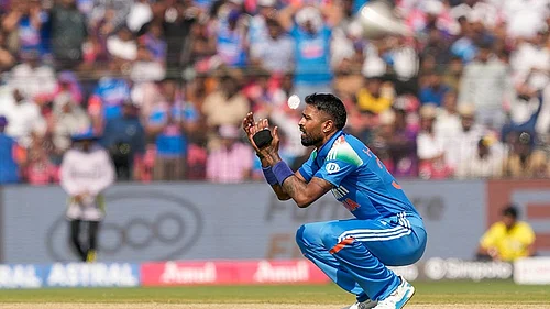 | Photo: PTI/Swapan Mahapatra : India all-rounder Hardik Pandya is ruled out of the three-match ODI series against England after picking up a fresh quadriceps strain. Pandya is seen reacting during an One Day International (ODI) cricket match, in Cuttack, Odisha, in this file photo dated Sunday, Feb. 9, 2025.