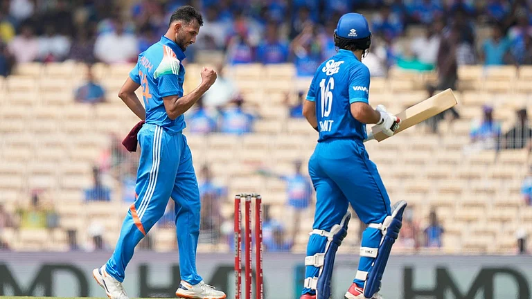 India's Prasidh Krishna, left, celebrates with teammates the wicket of Afghanistan's Rahmat Shah, right, during the third ODI cricket match between Afghanistan and India in Chennai, India, Saturday, June 20, 2026. - AP Photo/Mahesh Kumar A.