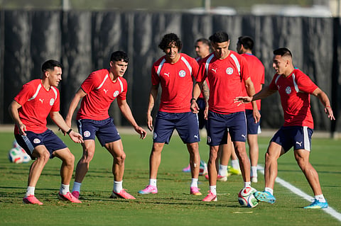 Paraguay players warm up during a training session ahead of the World Cup Group D soccer match against Turkey, Thursday, June 18, 2026, in San Jose, Calif