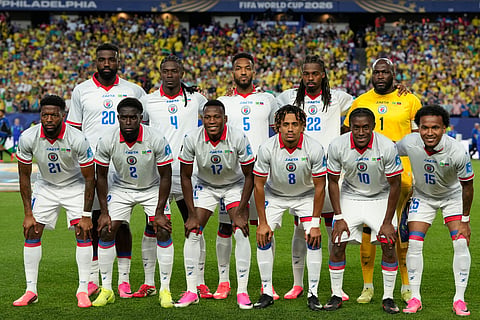 Haiti team pose for a group photo prior to the World Cup Group C soccer match between Brazil and Haiti in Philadelphia, Friday, June 19, 2026.