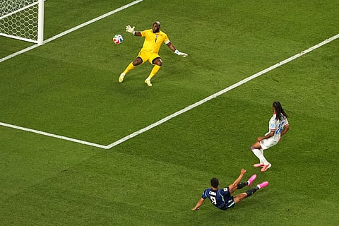 Brazil's Matheus Cunha (9) scores their second goal against Haiti goalkeeper Johny Placide (1) during the World Cup Group C soccer match between Brazil and Haiti in Philadelphia, Friday, June 19, 2026. 